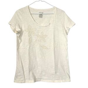 St. Johns Bay Slub Knit Cotton Embroidered Floral Short Sleeve Tee White Medium